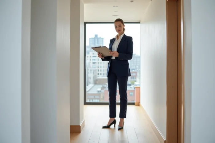 Agente immobilière professionnelle devant un appartement rénové, tenant un dossier et une clé lors d'une visite immobilière