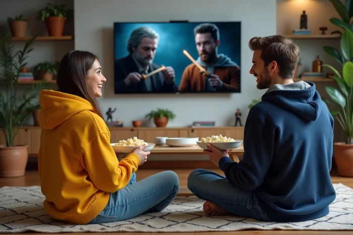 Deux amis regardant Harry Potter en streaming sur un téléviseur connecté dans un salon chaleureux