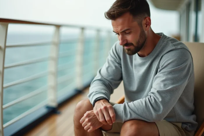 Homme utilisant un bracelet anti-nausée acupression sur le pont d'un navire de croisière