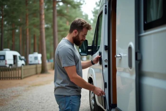 Homme branchant un camping-car économique sur une borne électrique dans un camping municipal entouré de pins