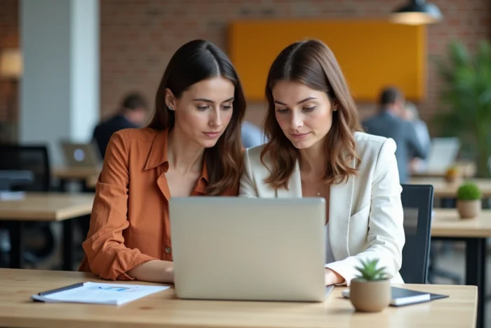 Deux collègues féminines collaborant sur un rapport de responsabilité sociale en open space