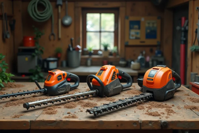 Comparaison de trois modèles de taille-bordure posés sur un établi en bois dans un atelier de jardin