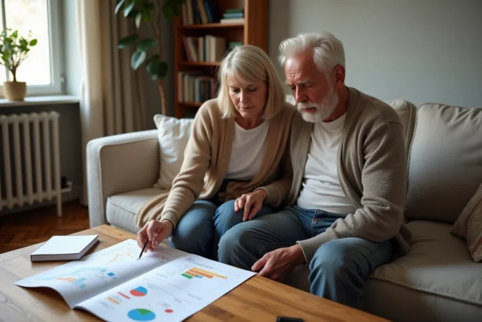 Couple analysant leur facture de chauffage et des solutions d'économie d'énergie à domicile