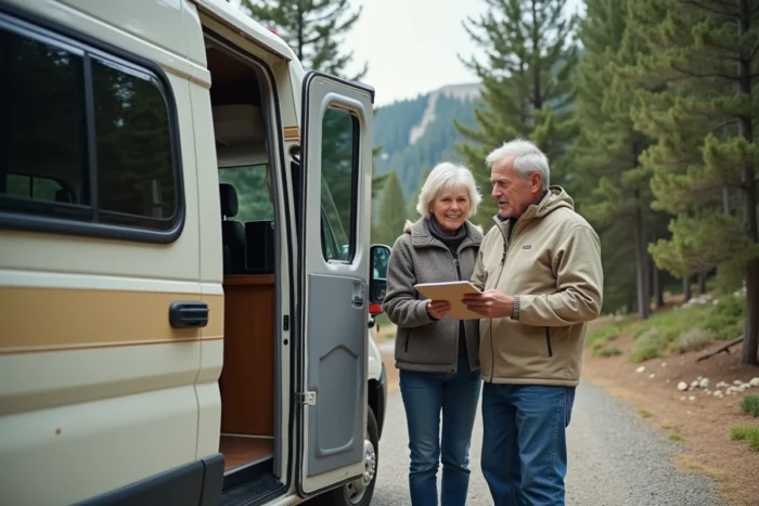 Couple de retraités vérifiant l'entretien de leur camping-car dans un camping de montagne entouré de pins