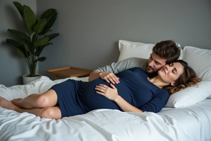 Couple attendant des jumeaux, femme enceinte allongée sur le côté avec les mains de son partenaire sur son ventre, dans une chambre douce et apaisante