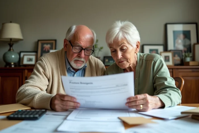 Couple de seniors examinant ensemble leur déclaration d'impôts avec des documents fiscaux étalés sur la table