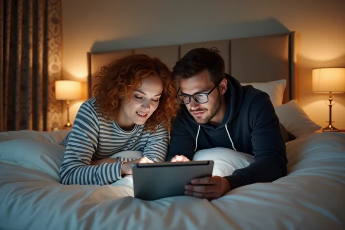 Couple regardant un catalogue de films sur tablette dans leur chambre via une application de streaming légale