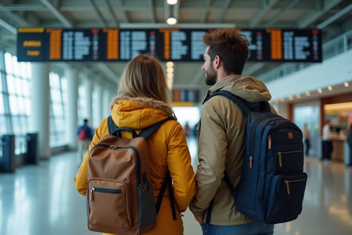 Couple de voyageurs consultant le tableau des départs pour trouver les vols Ryanair les moins chers en 2024
