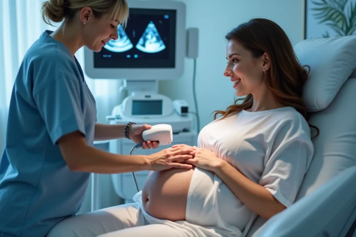 Femme enceinte de jumeaux lors d'une échographie, souriante, avec une professionnelle de santé utilisant la sonde sur son ventre en cabinet médical