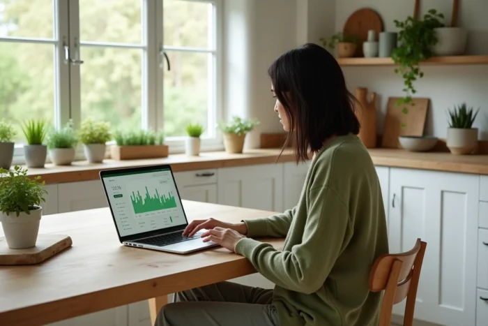 Femme consultant ses économies d'énergie solaire sur un tableau de bord numérique dans une cuisine moderne