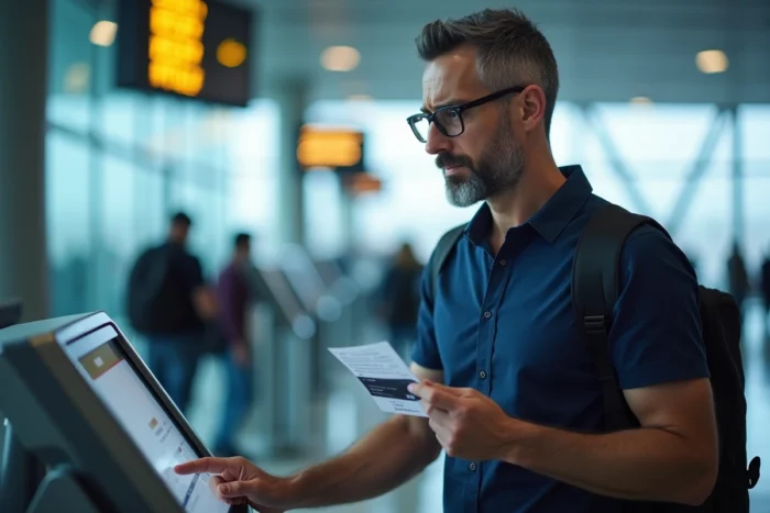 Homme découvrant une erreur de nom sur son billet d'avion à une borne d'enregistrement à l'aéroport