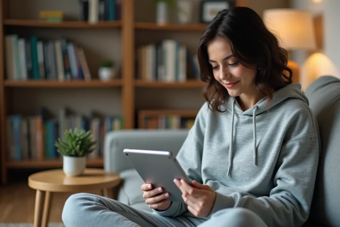 Étudiante consultant le webmail Roundcube de l'académie Aix-Marseille sur une tablette depuis son domicile