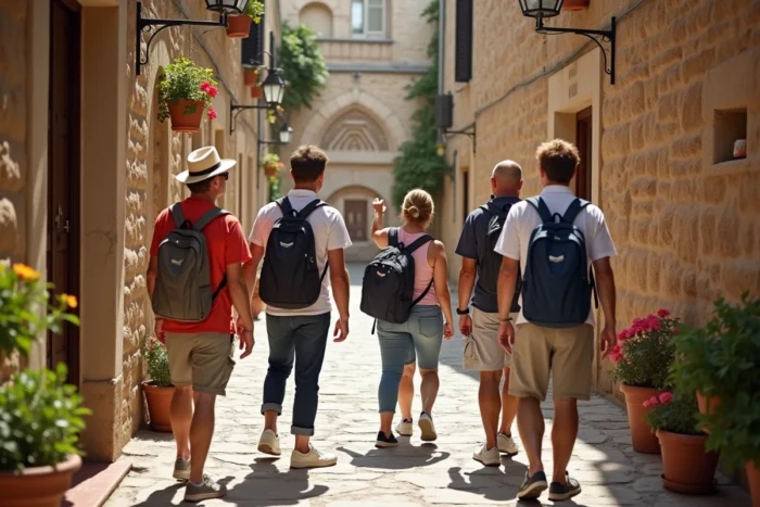 Groupe de touristes en excursion guidée dans un village méditerranéen historique lors d'une croisière MSC