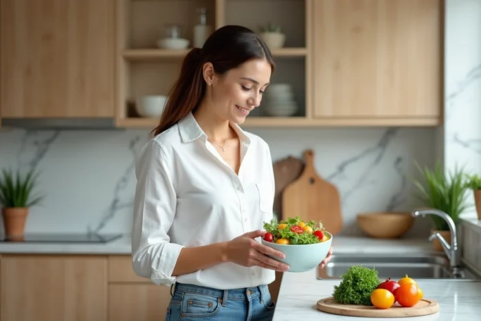 Femme en bonne santé préparant un repas équilibré dans une cuisine moderne pour maintenir son poids de forme