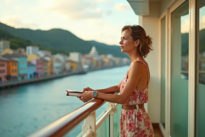 Femme voyageant seule sur le balcon d'une cabine de croisière avec vue sur un port exotique lors d'un tour du monde