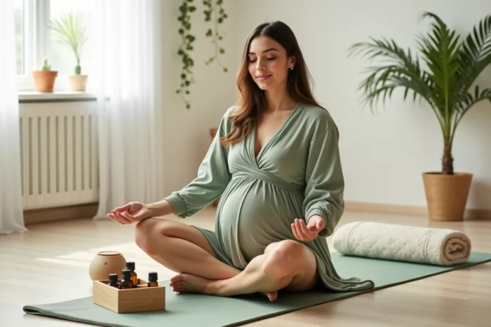 Femme enceinte en robe verte assise sur un tapis de yoga entourée d'huiles essentielles et d'un diffuseur dans un studio de bien-être prénatal