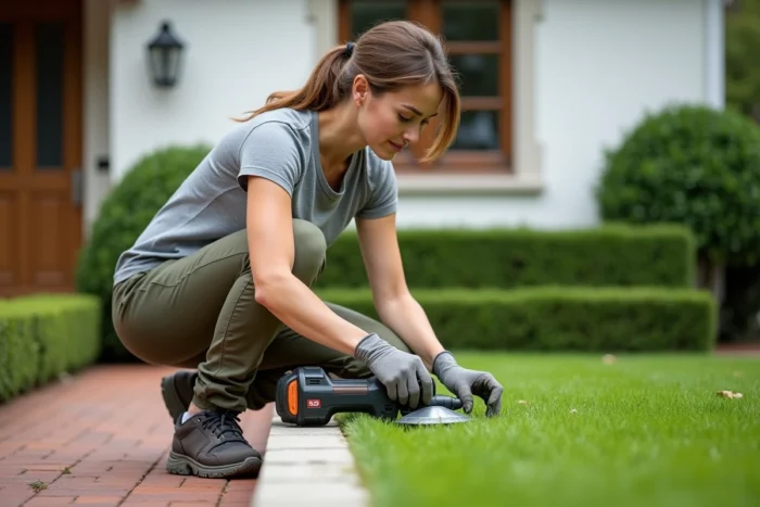 Femme inspectant la bordure de pelouse après utilisation d'un taille-bordure électrique dans un jardin résidentiel
