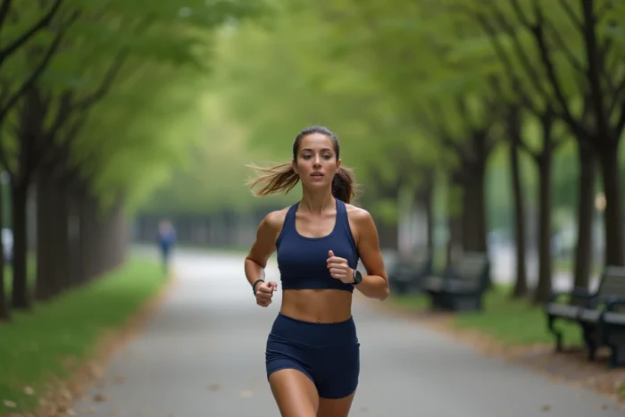 Femme active faisant du jogging dans un parc urbain pour maintenir une silhouette féminine saine et atteindre l'IMC idéal