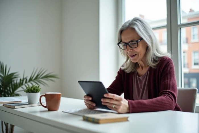 Femme d'âge mûr lisant un livre numérique gratuit sur une liseuse électronique dans un bureau moderne et épuré