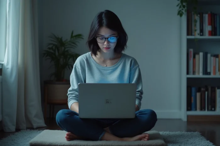 Jeune femme naviguant sur le dark web via un navigateur Tor sur son ordinateur portable dans un appartement minimaliste et discret