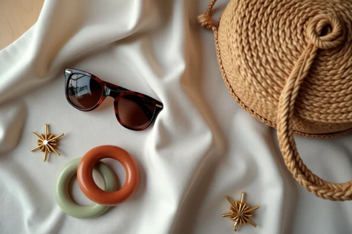 Flat-lay d'accessoires de mode tendance incluant broche en laiton, sac en raphia et bracelets en résine sur fond lin texturé