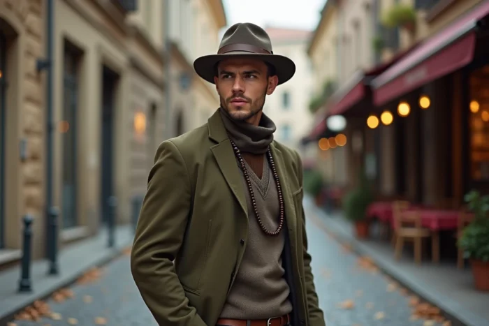 Homme élégant portant des accessoires de mode uniques dont un chapeau feutre et une montre vintage dans une rue pavée européenne