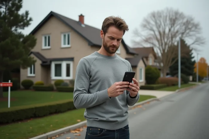 Homme consultant une application immobilière sur smartphone devant une maison à vendre en banlieue résidentielle