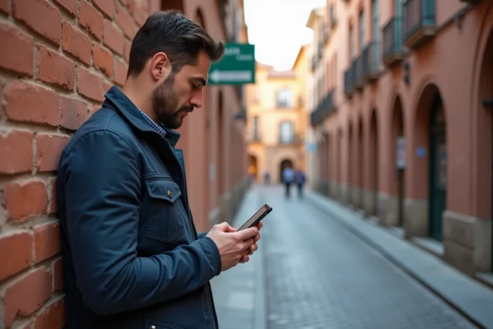 Homme consultant une carte postale numérique dans une rue pavée du centre historique de Toulouse 31000