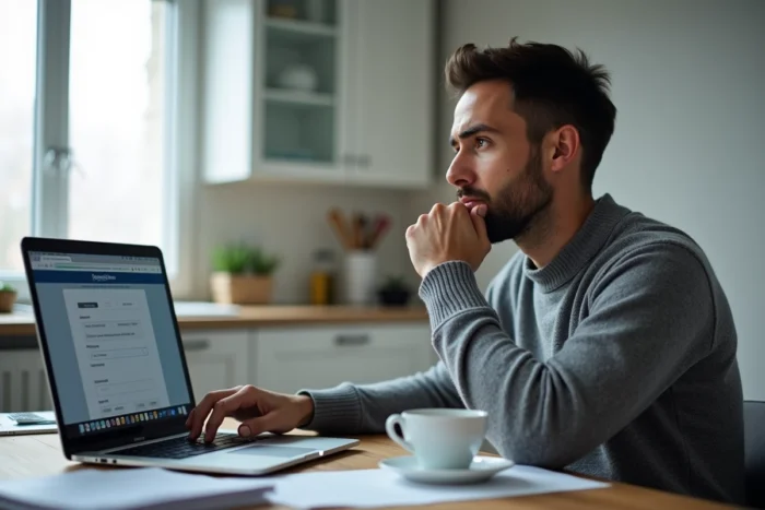 Homme consulte sa déclaration d'impôts en ligne avec une case grisée sur l'écran d'un ordinateur portable