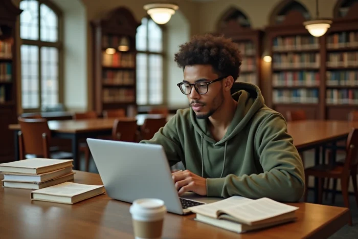 Jeune homme consultant un catalogue de livres numériques gratuits sur un ordinateur portable dans une bibliothèque publique