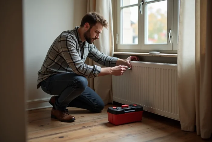 Homme posant un joint isolant sur une fenêtre pour améliorer l'isolation thermique de sa maison