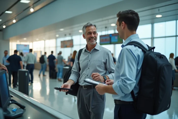 Homme remettant son passeport à un agent d'enregistrement dans un aéroport international