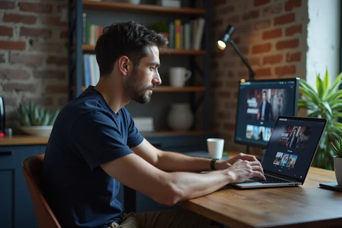Homme consultant une plateforme de streaming légale sur son ordinateur portable dans un bureau à domicile