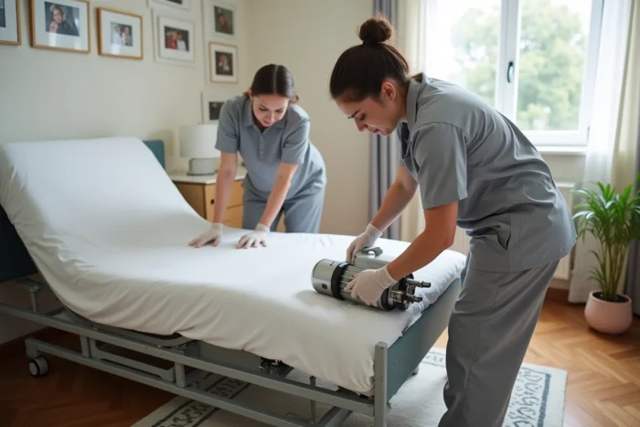 Deux infirmières à domicile retirant le moteur électrique sous un lit médicalisé réglable dans une chambre adaptée