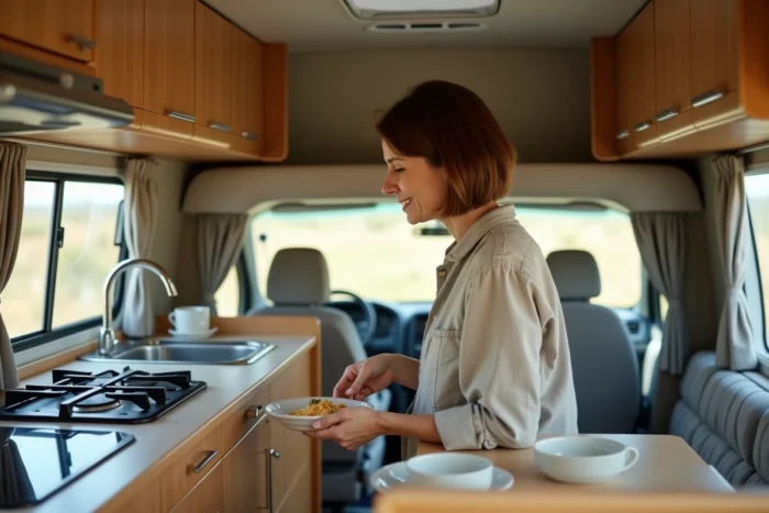 Intérieur économique d'un petit camping-car avec kitchenette compacte et espace repas fonctionnel