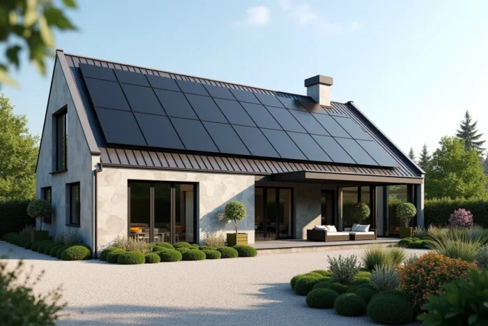 Maison individuelle moderne avec toiture entièrement équipée de panneaux solaires noirs et jardin fleuri