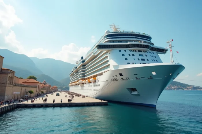 Grand paquebot de croisière tour du monde amarré dans un port historique avec architecture et montagnes en arrière-plan
