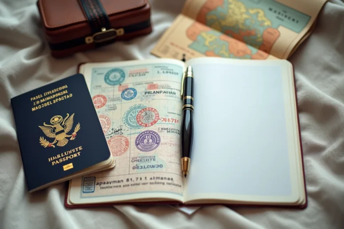 Vue rapprochée d'un passeport ouvert avec des tampons de visa et un itinéraire de voyage sur une surface en lin