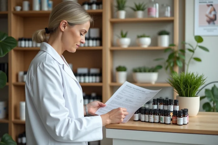 Pharmacienne examinant des flacons d'huiles essentielles sur une étagère en bois dans une pharmacie moderne orientée bien-être prénatal