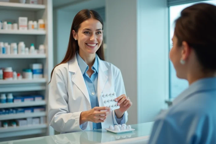 Pharmacienne à bord d'un bateau de croisière présentant des médicaments contre le mal de mer