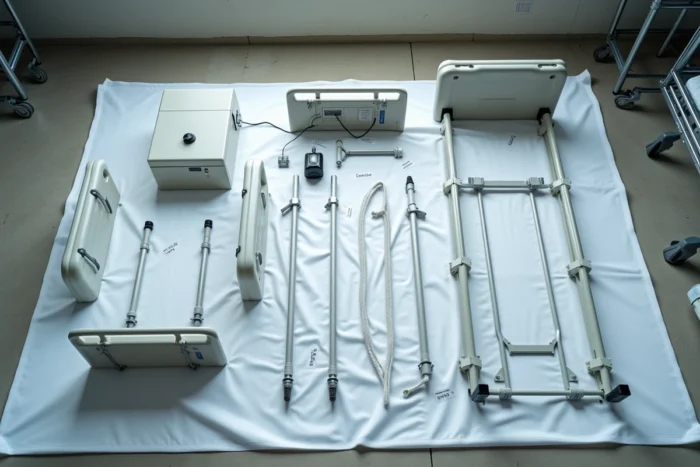 Pièces démontées d'un lit médicalisé électrique disposées sur une bâche blanche pour identification et réassemblage