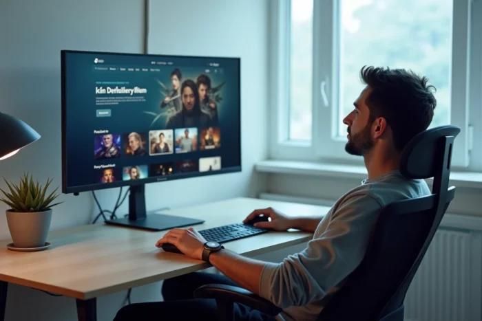 Homme regardant une plateforme de streaming légale Harry Potter sur un grand écran dans un bureau moderne