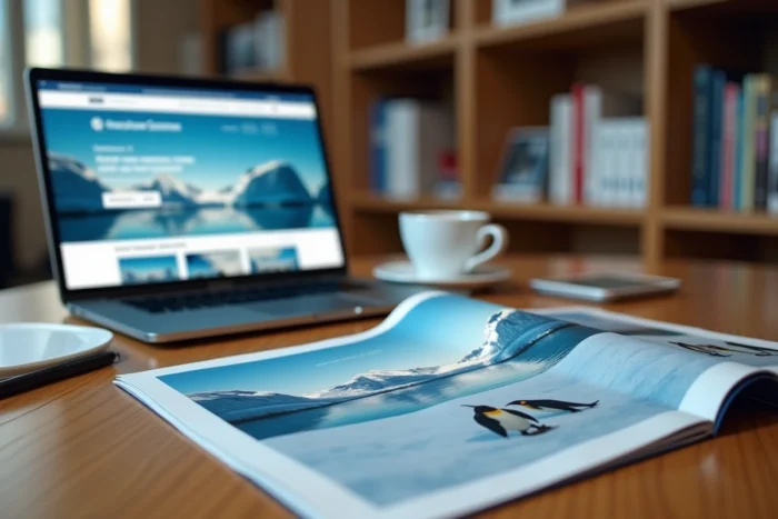 Bureau d'agence de voyage avec brochure de croisière Antarctique pas cher et site de réservation en ligne