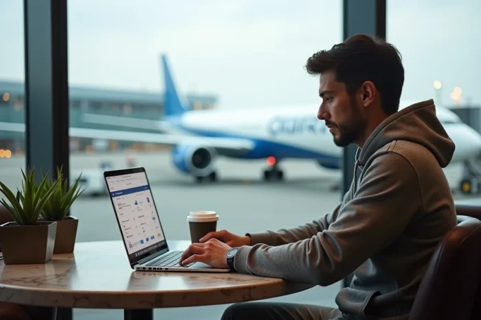 Homme réservant un vol Ryanair au meilleur prix sur un ordinateur portable dans un café d'aéroport