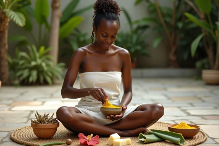 Femme mélangeant un masque naturel à l'argile verte et au curcuma dans un bol en terre cuite, soin de beauté traditionnel en plein air
