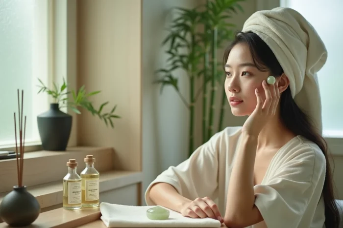 Jeune femme utilisant un rouleau de jade sur le visage devant un miroir en bois vintage, rituel de beauté zen inspiré de la tradition asiatique