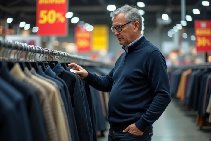 Homme examinant une étiquette de prix lors des soldes dans un grand magasin allemand