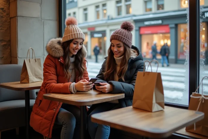 Deux amies consultant leur liste de courses dans un café pendant les soldes d'hiver en Allemagne