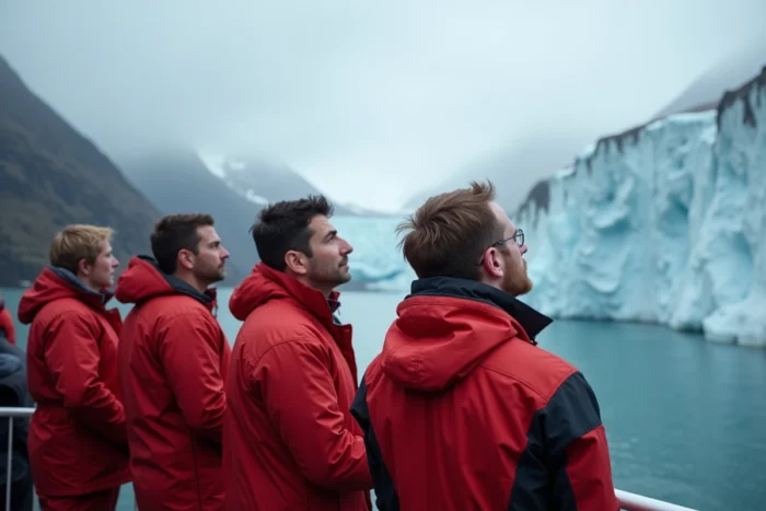 Voyageurs en tenue polaire observant un glacier depuis le pont d'un navire en Antarctique