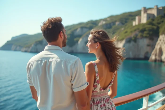 Couple de voyageurs admirant une ville côtière depuis le pont d'un bateau de croisière MSC